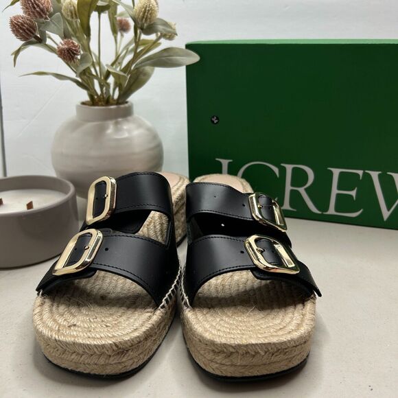J. Crew Block-Heel Espadrille Sandals Leather Raffia Slip-on Black Women's 9 NWB - Picture 2 of 12